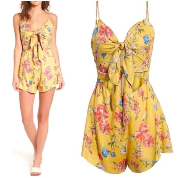 Lush  Women's Yellow Floral Beachy Romper w/ Cutouts Double Tie Front Size Small - Picture 2 of 12